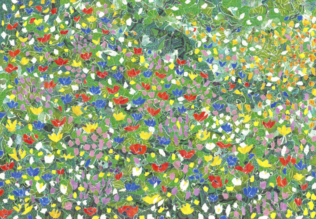 snipperkunst field of joy, een bovenaanzicht van een bloemen veld met rode, blauwe, gele en roze bloemen